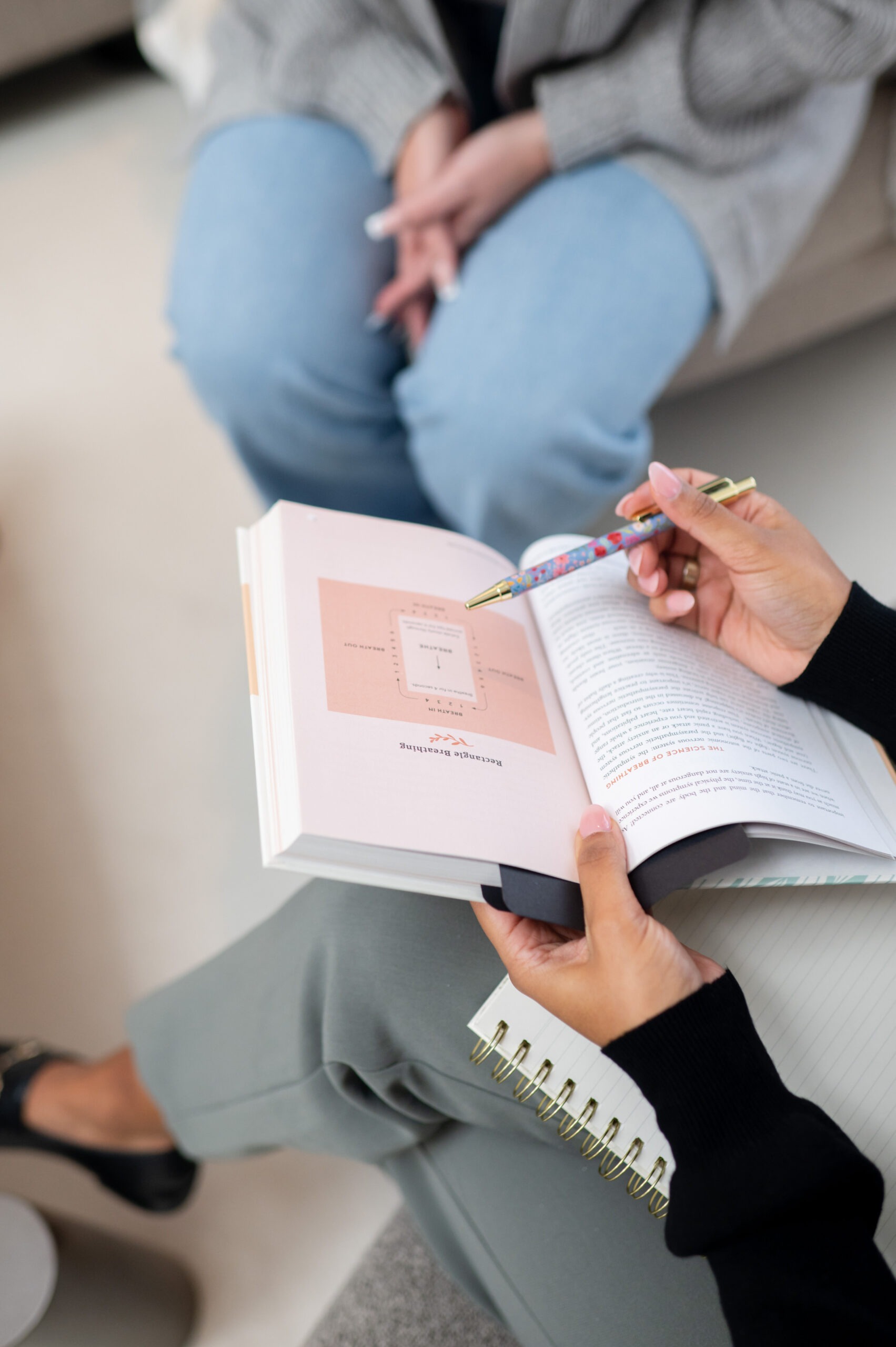 Client therapist deep breathing somatic coping skills